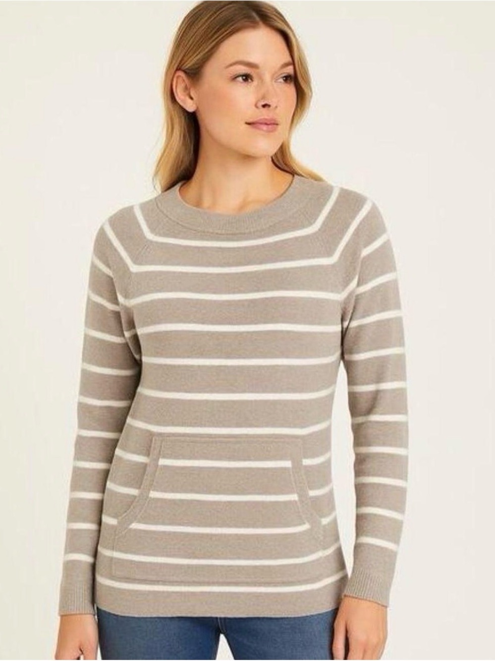 Barefoot Dreams Cozy Chic Ultra Lite Taupe and White Striped Crewneck Sweater